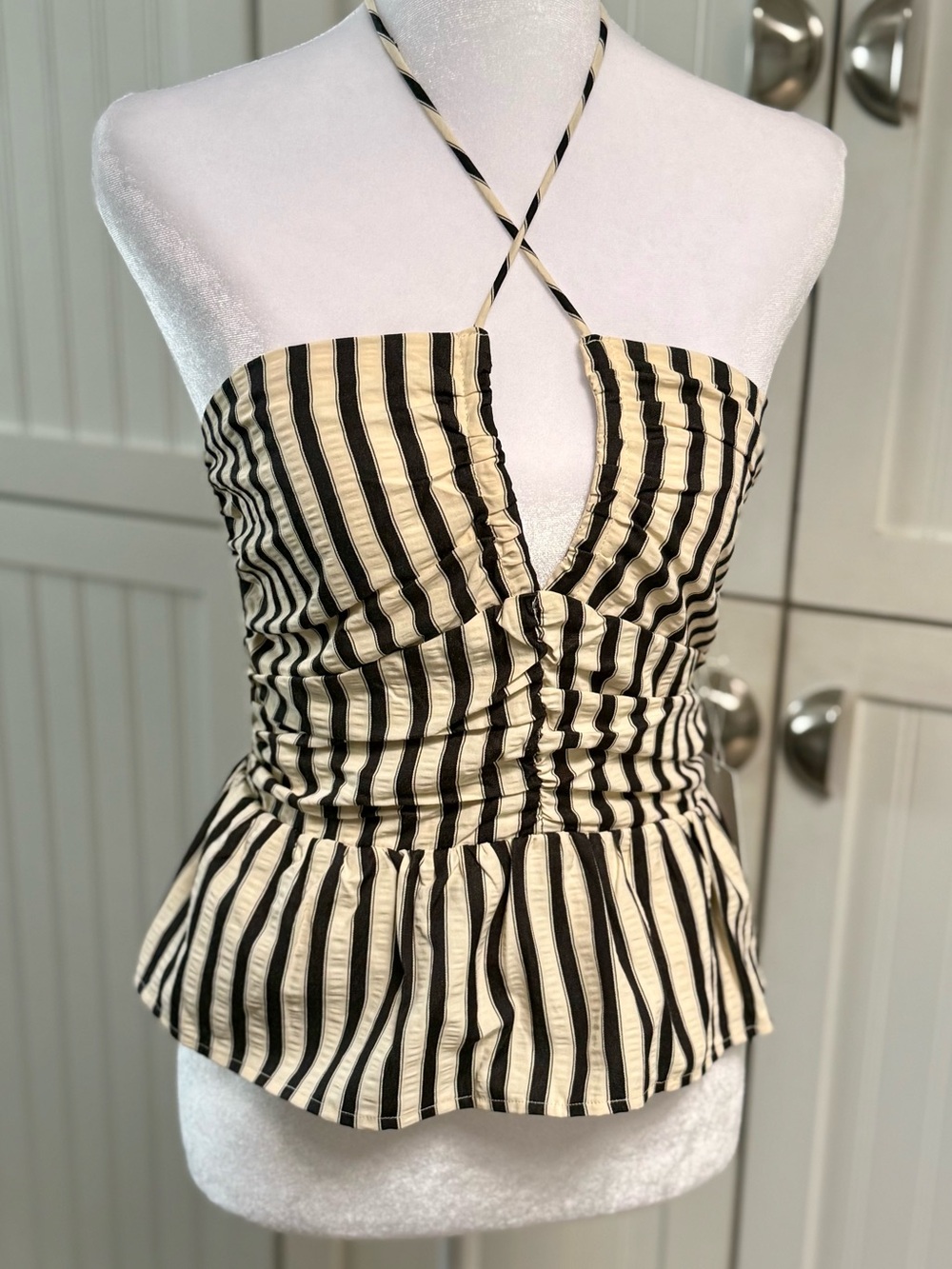 bishop + young Black and Cream Striped Halter Peplum Top